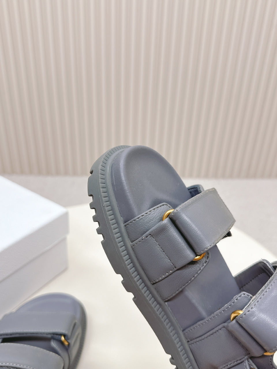 DIOR BACK-STRAP SANDALS 25S IN ASH GRAY CALFSKIN WITH GOLD HARDWARE - 35