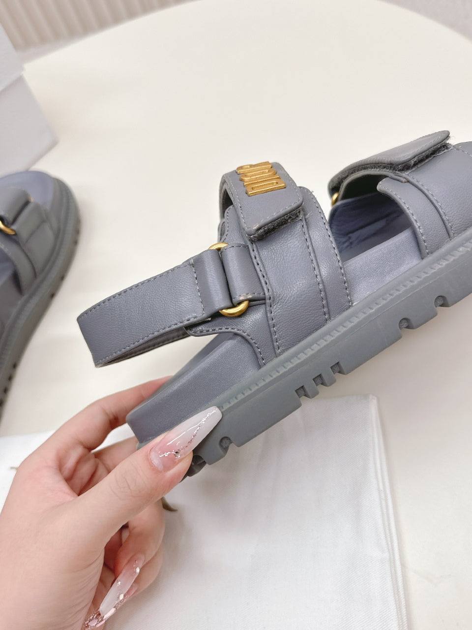 DIOR BACK-STRAP SANDALS 25S IN ASH GRAY CALFSKIN WITH GOLD HARDWARE - 35