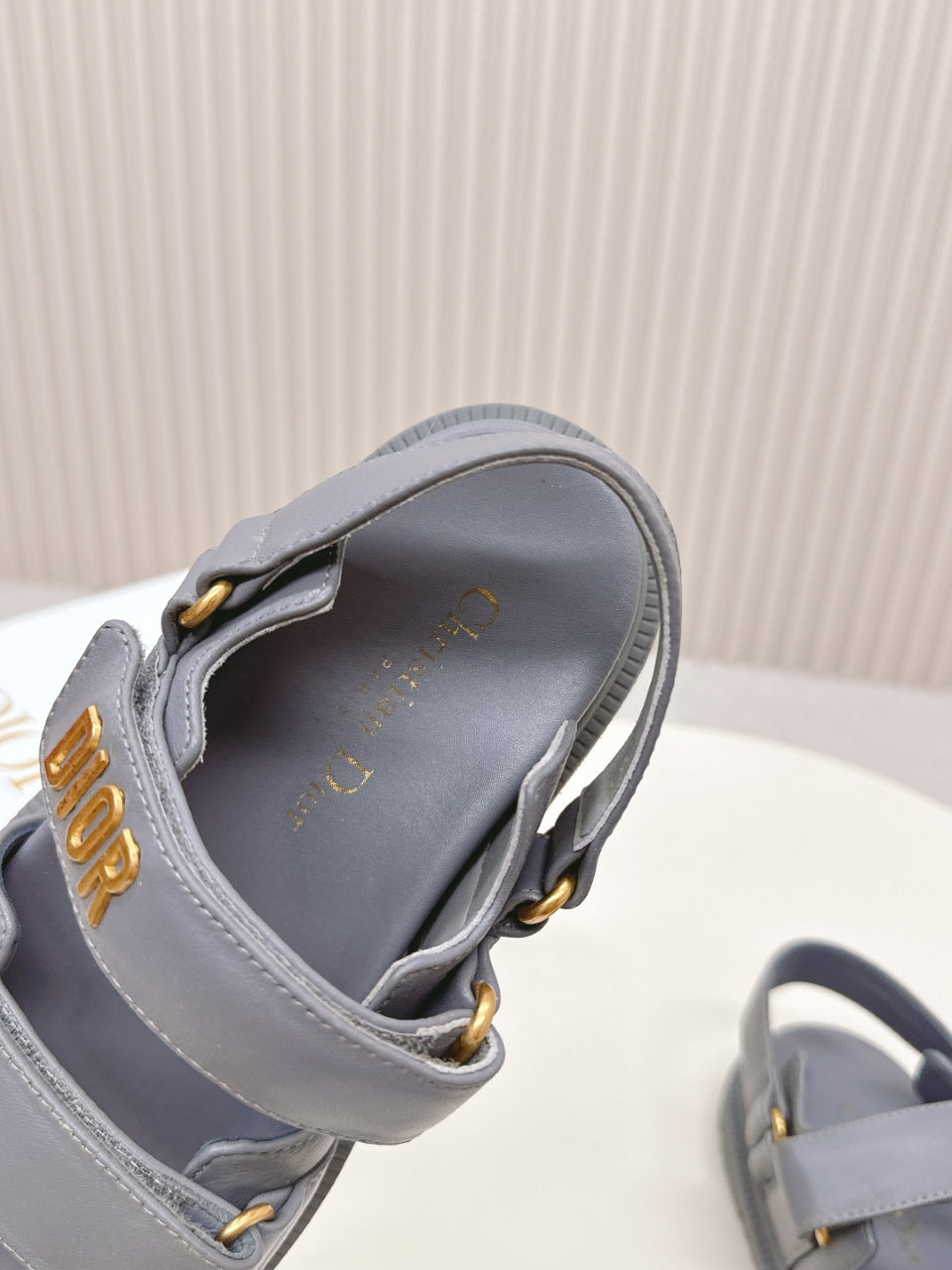 DIOR BACK-STRAP SANDALS 25S IN ASH GRAY CALFSKIN WITH GOLD HARDWARE - 35