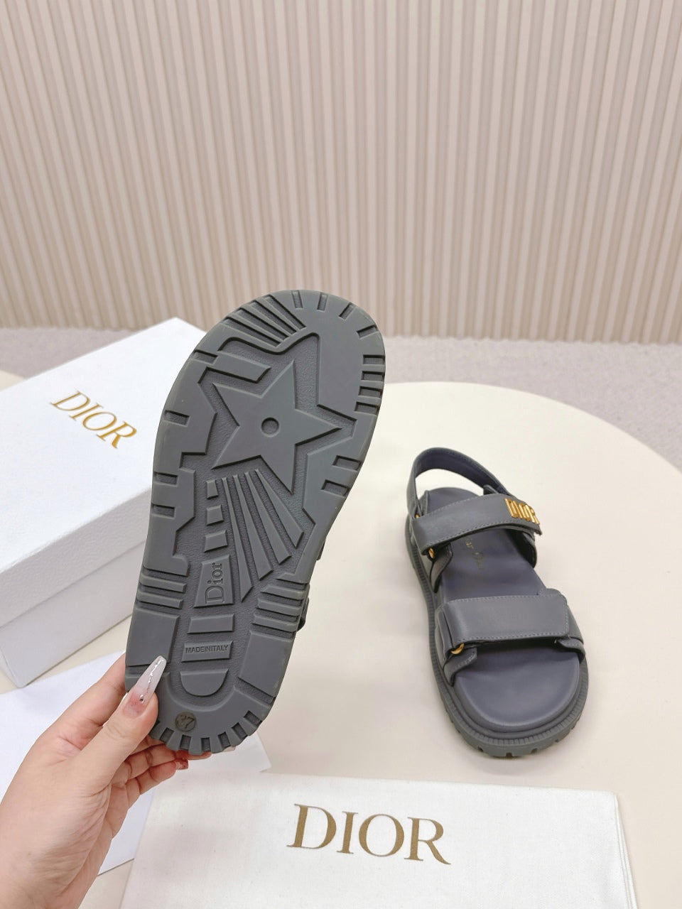 DIOR BACK-STRAP SANDALS 25S IN ASH GRAY CALFSKIN WITH GOLD HARDWARE - 35