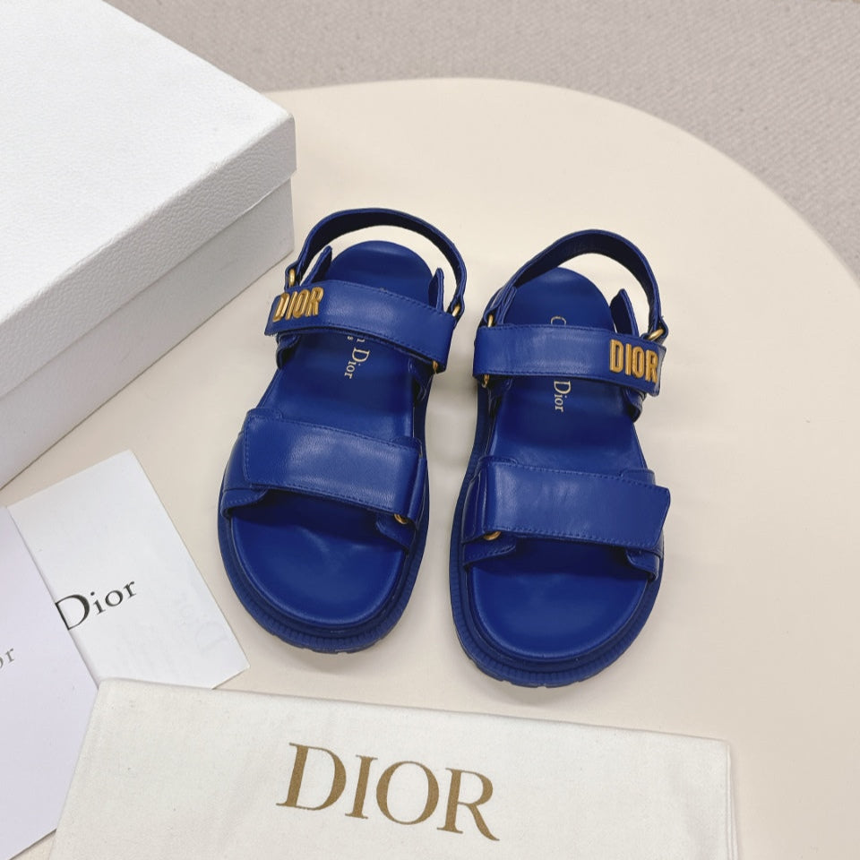 DIOR BACK-STRAP SANDALS 25S IN NAVY BLUE CALFSKIN WITH GOLD HARDWARE - 35