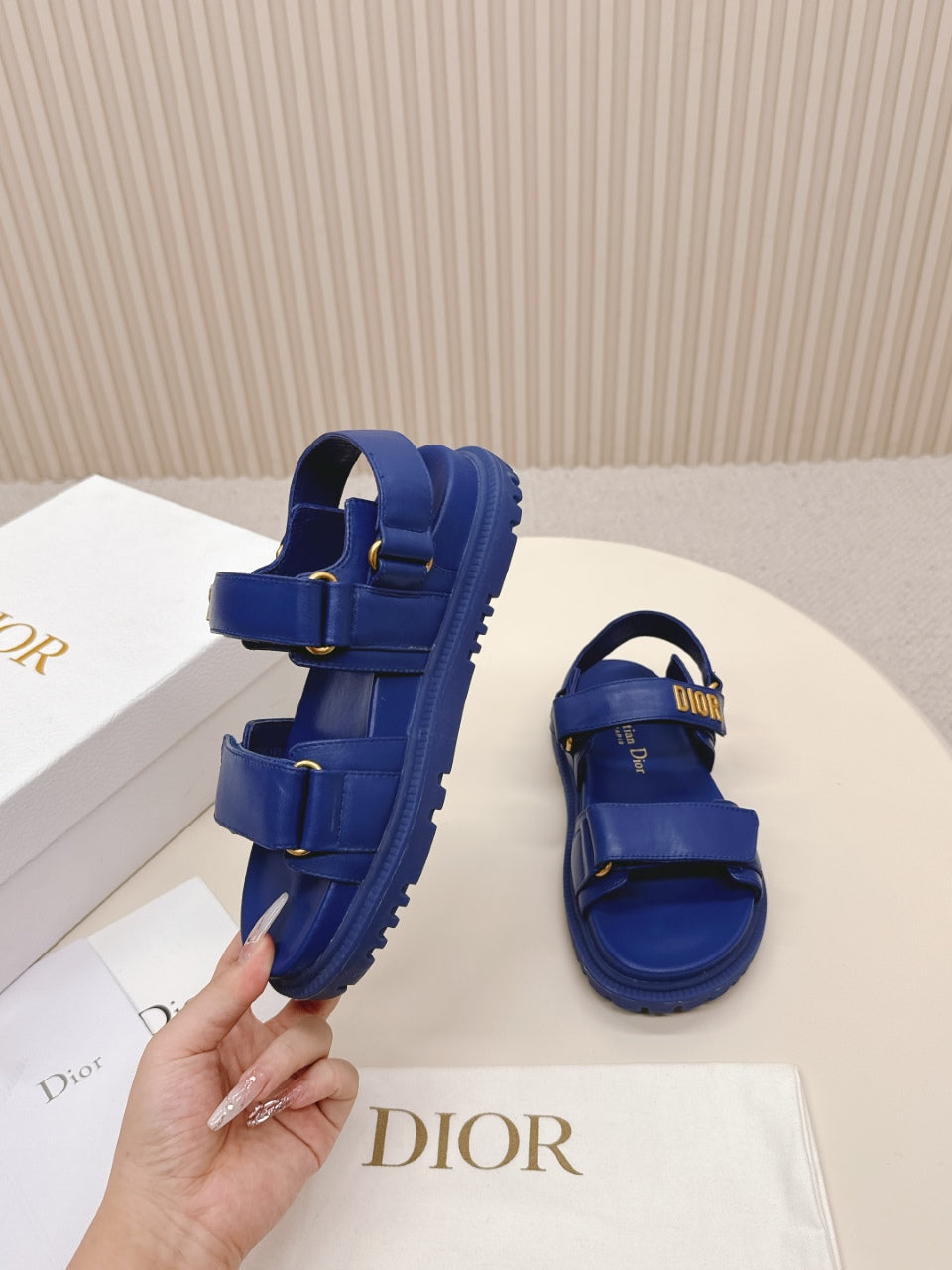DIOR BACK-STRAP SANDALS 25S IN NAVY BLUE CALFSKIN WITH GOLD HARDWARE - 35