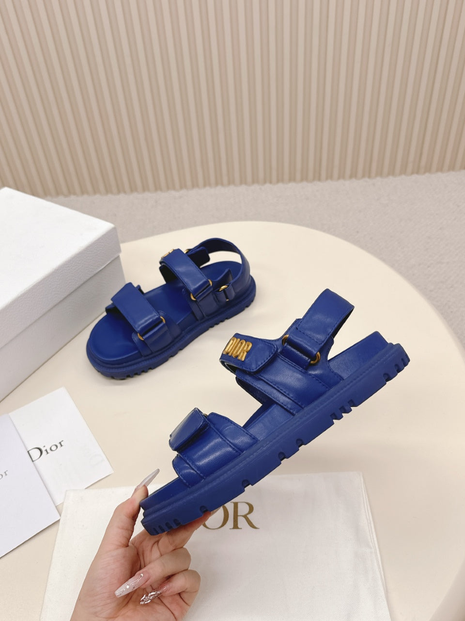 DIOR BACK-STRAP SANDALS 25S IN NAVY BLUE CALFSKIN WITH GOLD HARDWARE - 35