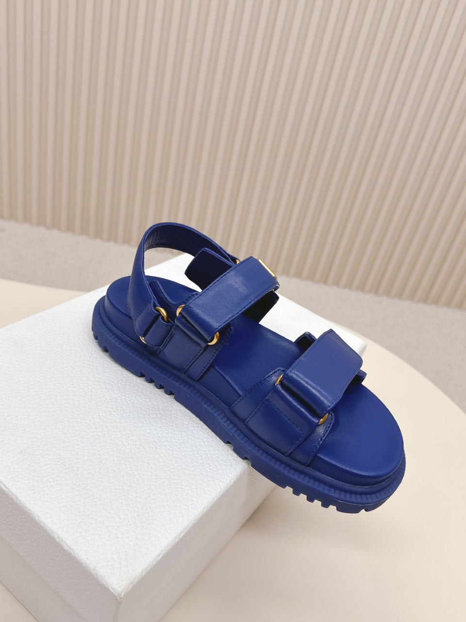 DIOR BACK-STRAP SANDALS 25S IN NAVY BLUE CALFSKIN WITH GOLD HARDWARE - 35