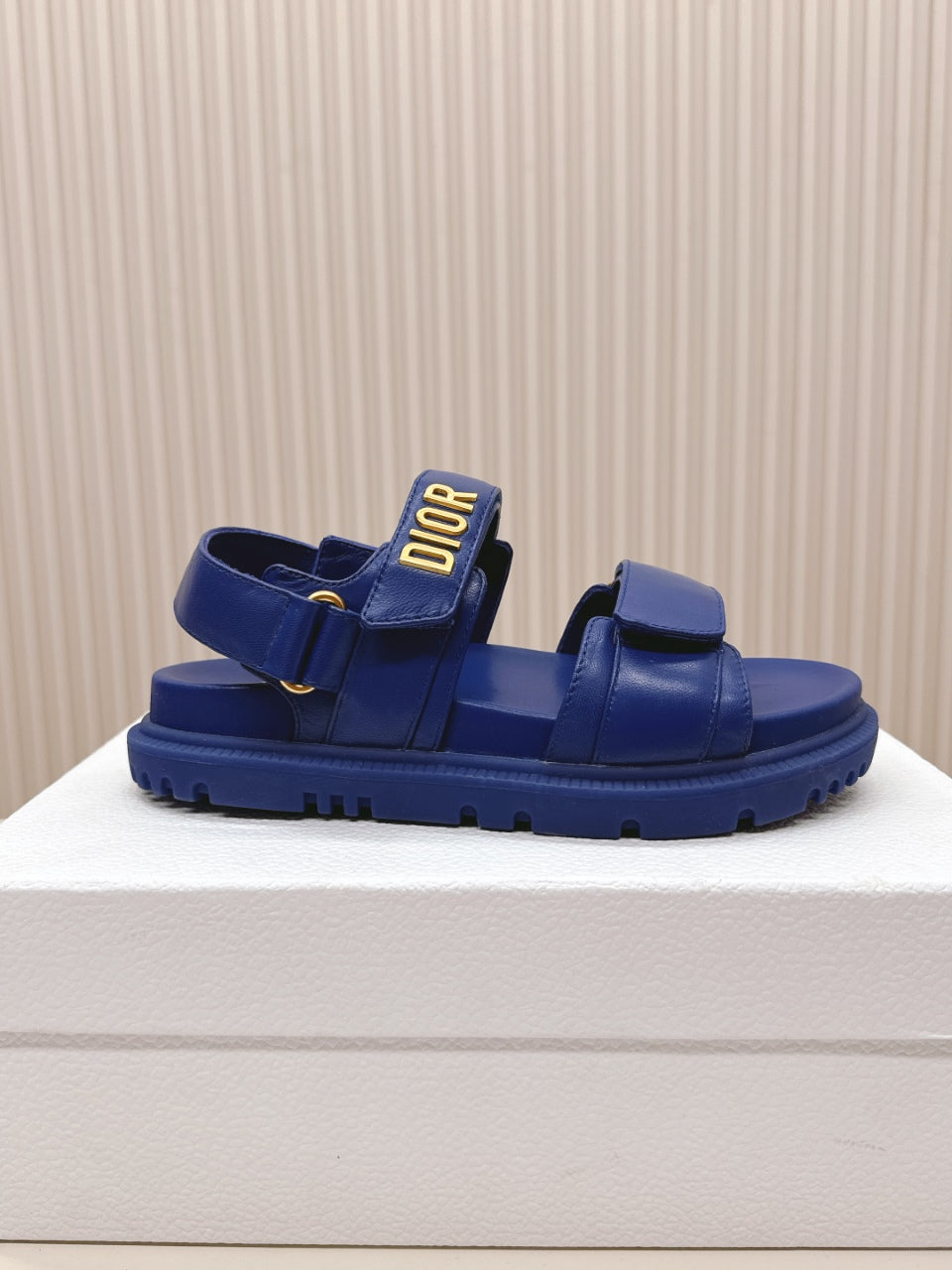 DIOR BACK-STRAP SANDALS 25S IN NAVY BLUE CALFSKIN WITH GOLD HARDWARE - 35