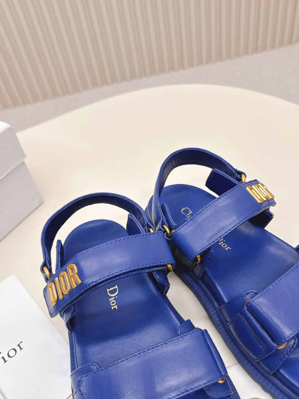 DIOR BACK-STRAP SANDALS 25S IN NAVY BLUE CALFSKIN WITH GOLD HARDWARE - 35