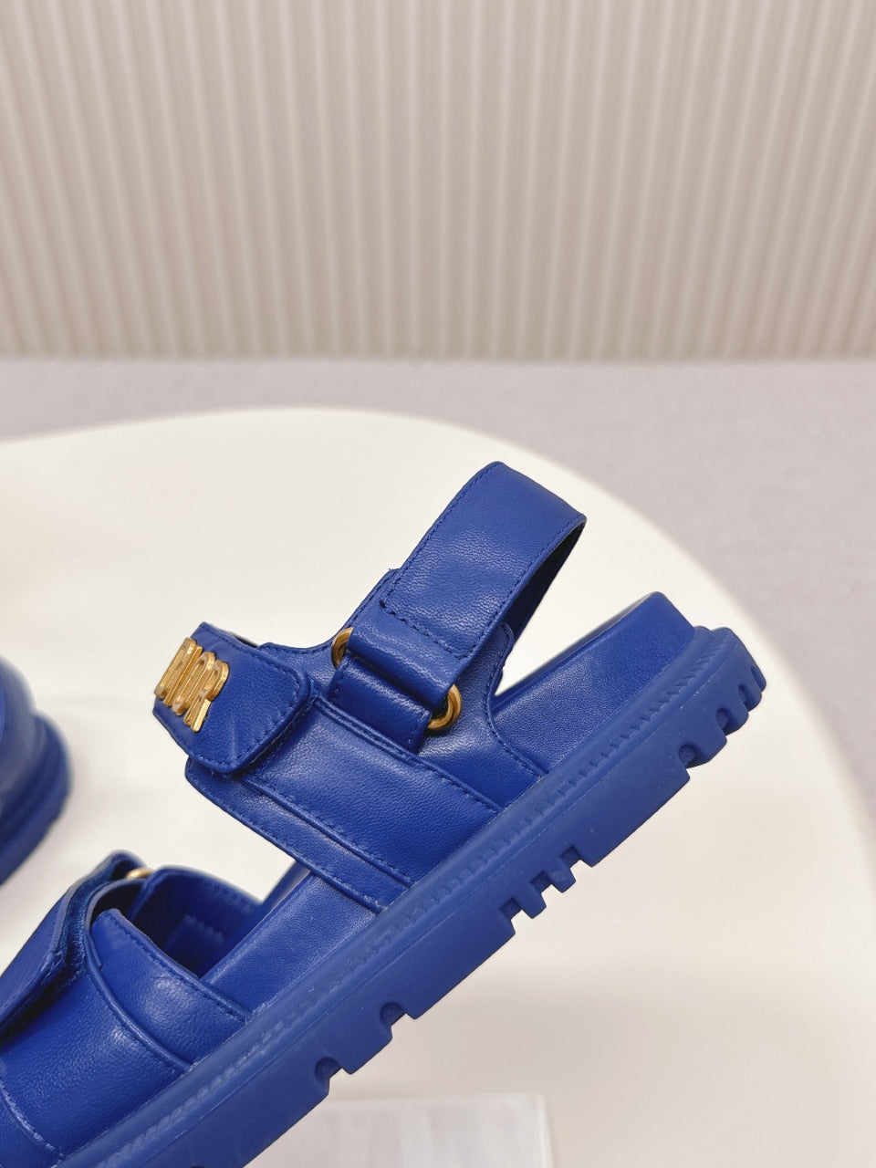 DIOR BACK-STRAP SANDALS 25S IN NAVY BLUE CALFSKIN WITH GOLD HARDWARE - 35