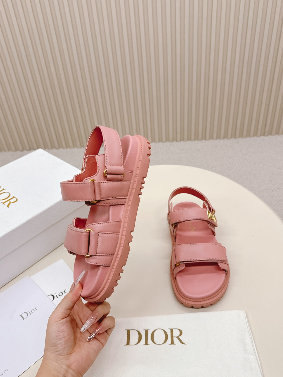 DIOR BACK-STRAP SANDALS 25S IN PEACHY PINK CALFSKIN WITH GOLD HARDWARE - 35