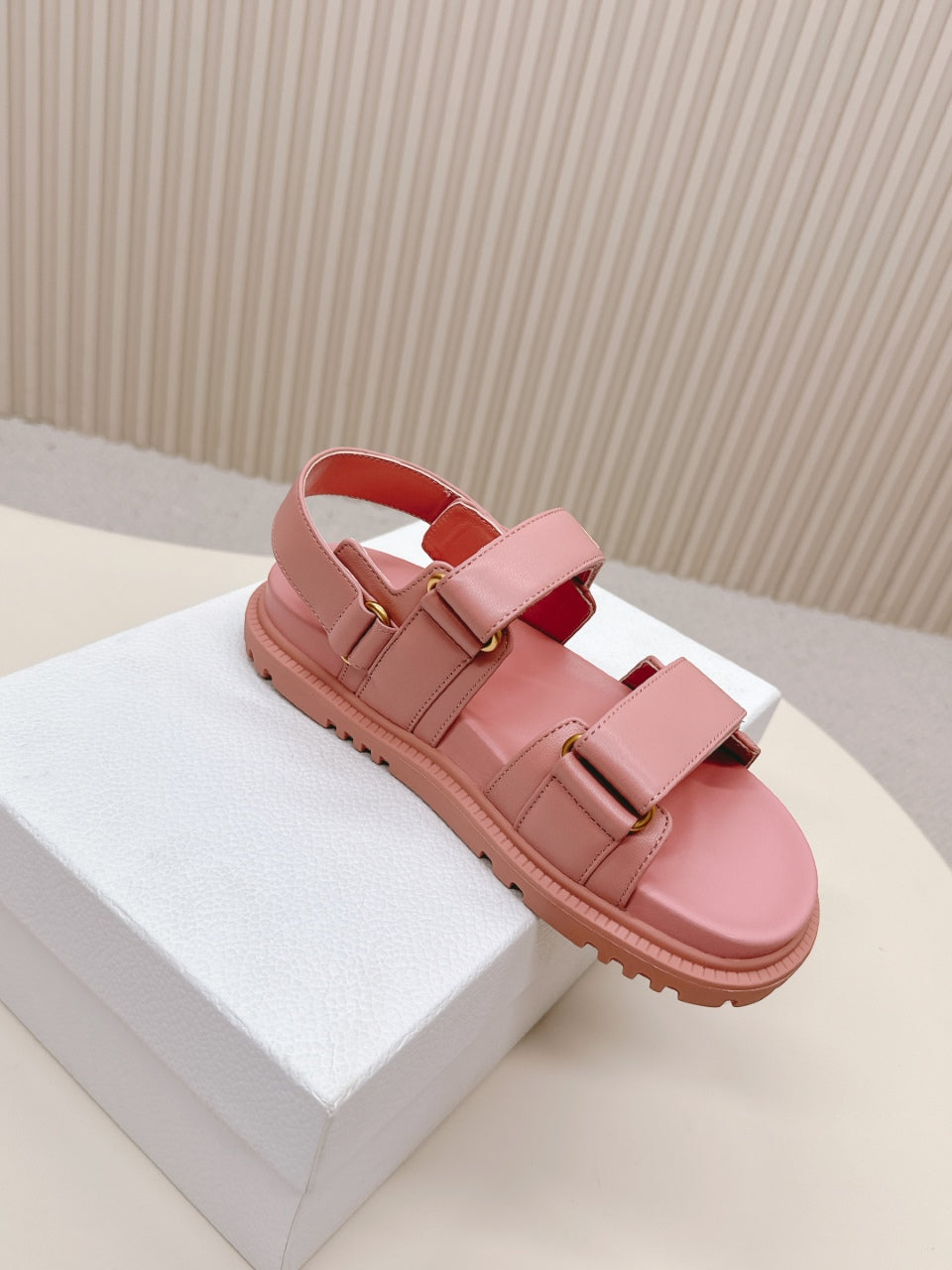 DIOR BACK-STRAP SANDALS 25S IN PEACHY PINK CALFSKIN WITH GOLD HARDWARE - 35
