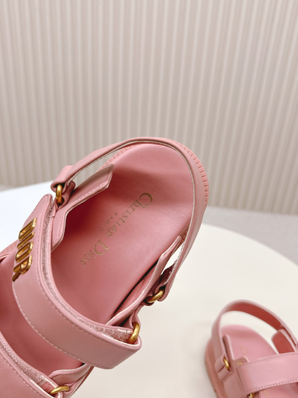 DIOR BACK-STRAP SANDALS 25S IN PEACHY PINK CALFSKIN WITH GOLD HARDWARE - 35