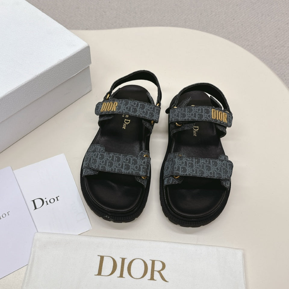 DIOR BACK-STRAP SANDALS 25S IN SLATE BLUE GRAY FABRIC AND BLACK CALFSKIN WITH GOLD HARDWARE - 35