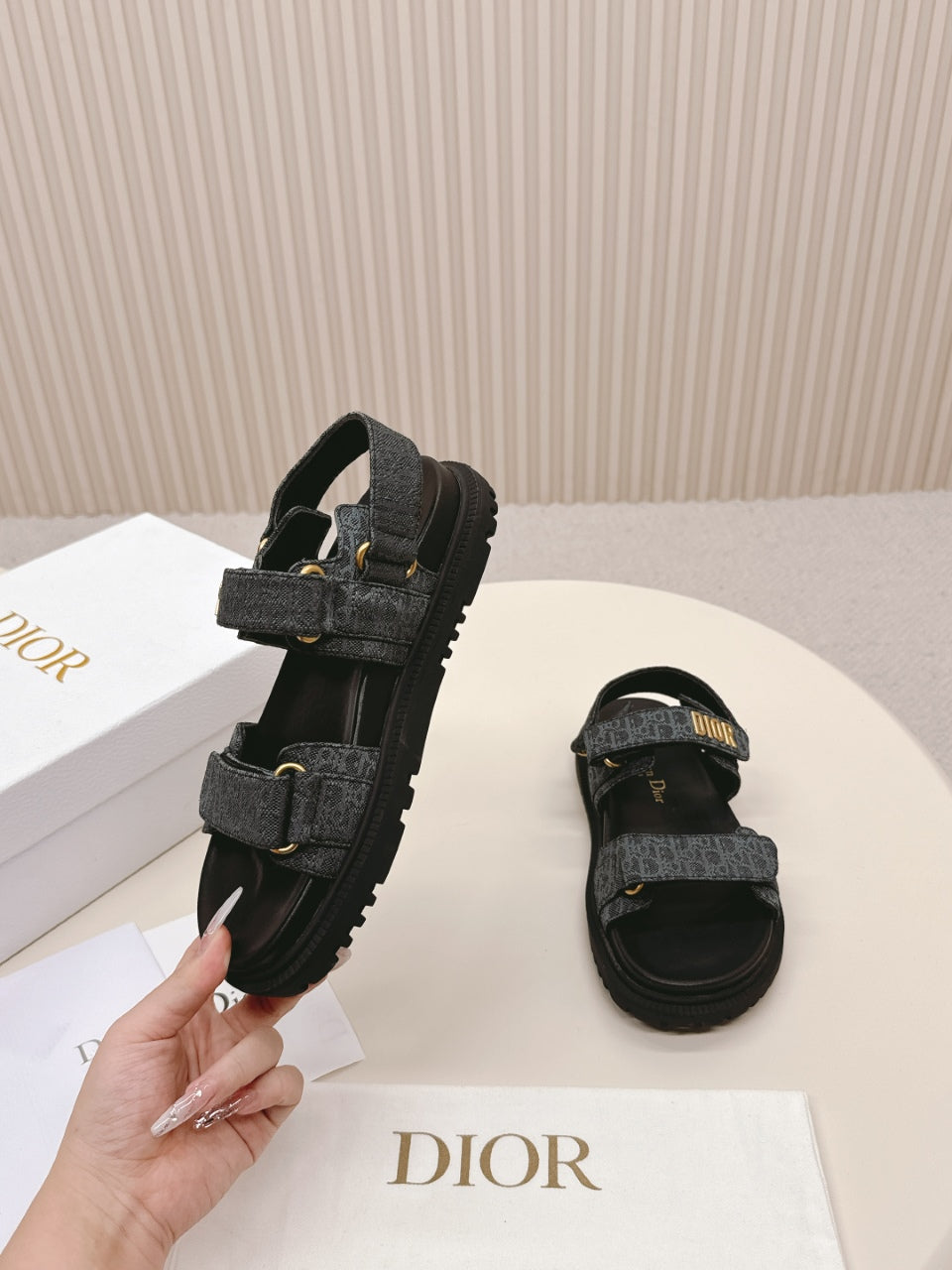 DIOR BACK-STRAP SANDALS 25S IN SLATE BLUE GRAY FABRIC AND BLACK CALFSKIN WITH GOLD HARDWARE - 35