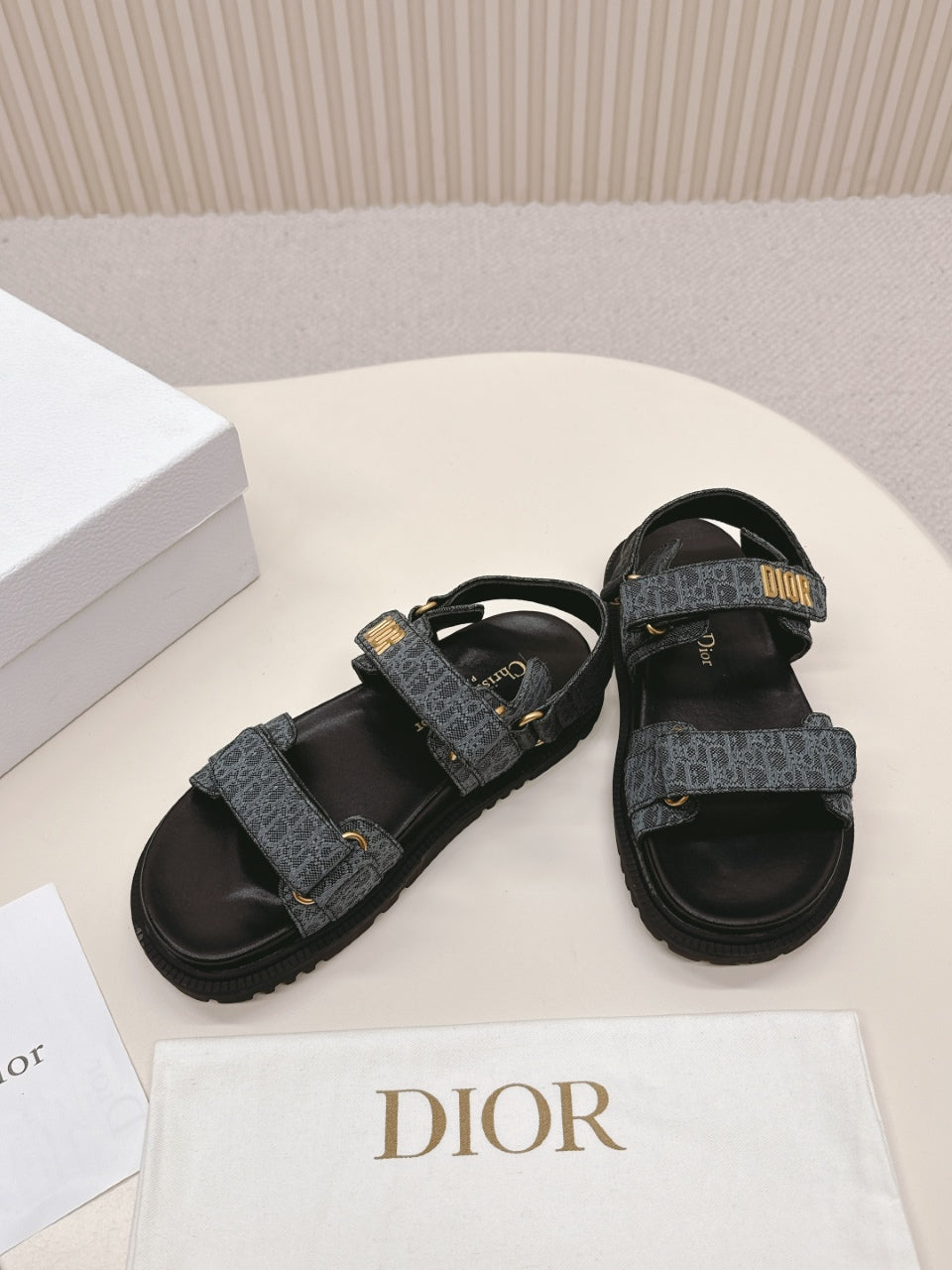 DIOR BACK-STRAP SANDALS 25S IN SLATE BLUE GRAY FABRIC AND BLACK CALFSKIN WITH GOLD HARDWARE - 35