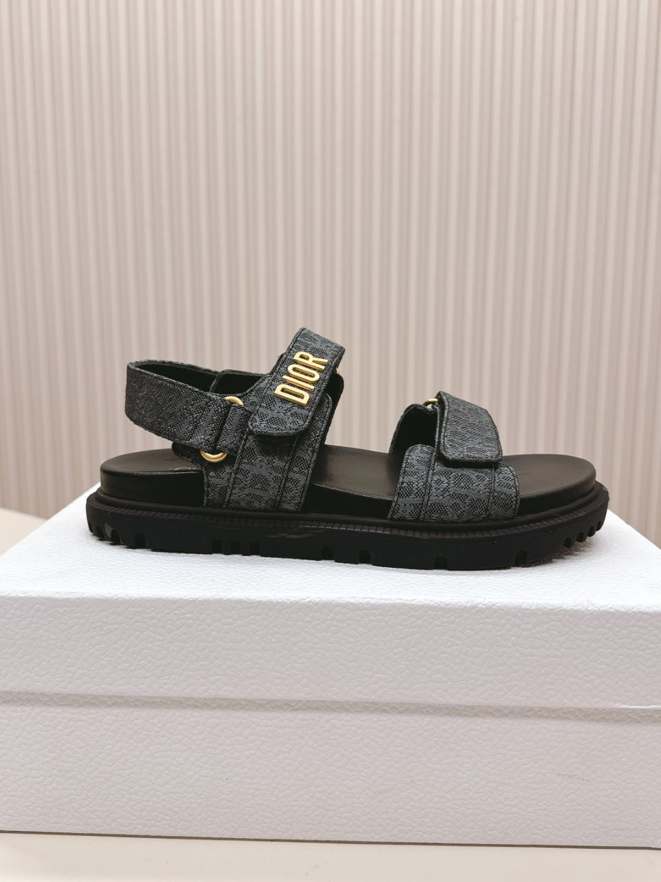 DIOR BACK-STRAP SANDALS 25S IN SLATE BLUE GRAY FABRIC AND BLACK CALFSKIN WITH GOLD HARDWARE - 35