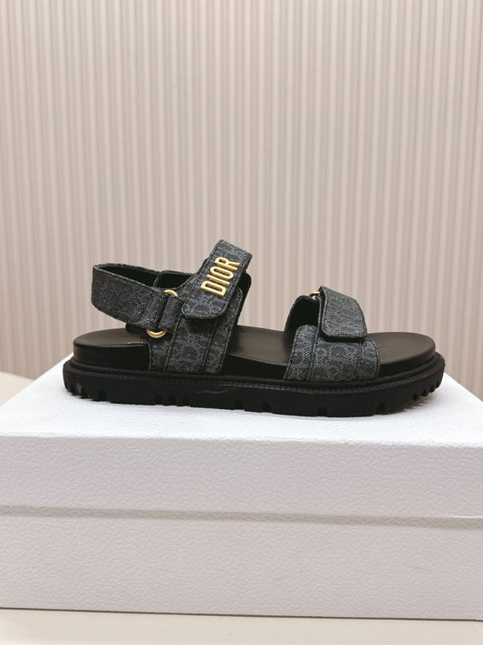 DIOR BACK-STRAP SANDALS 25S IN SLATE BLUE GRAY FABRIC AND BLACK CALFSKIN WITH GOLD HARDWARE - 35