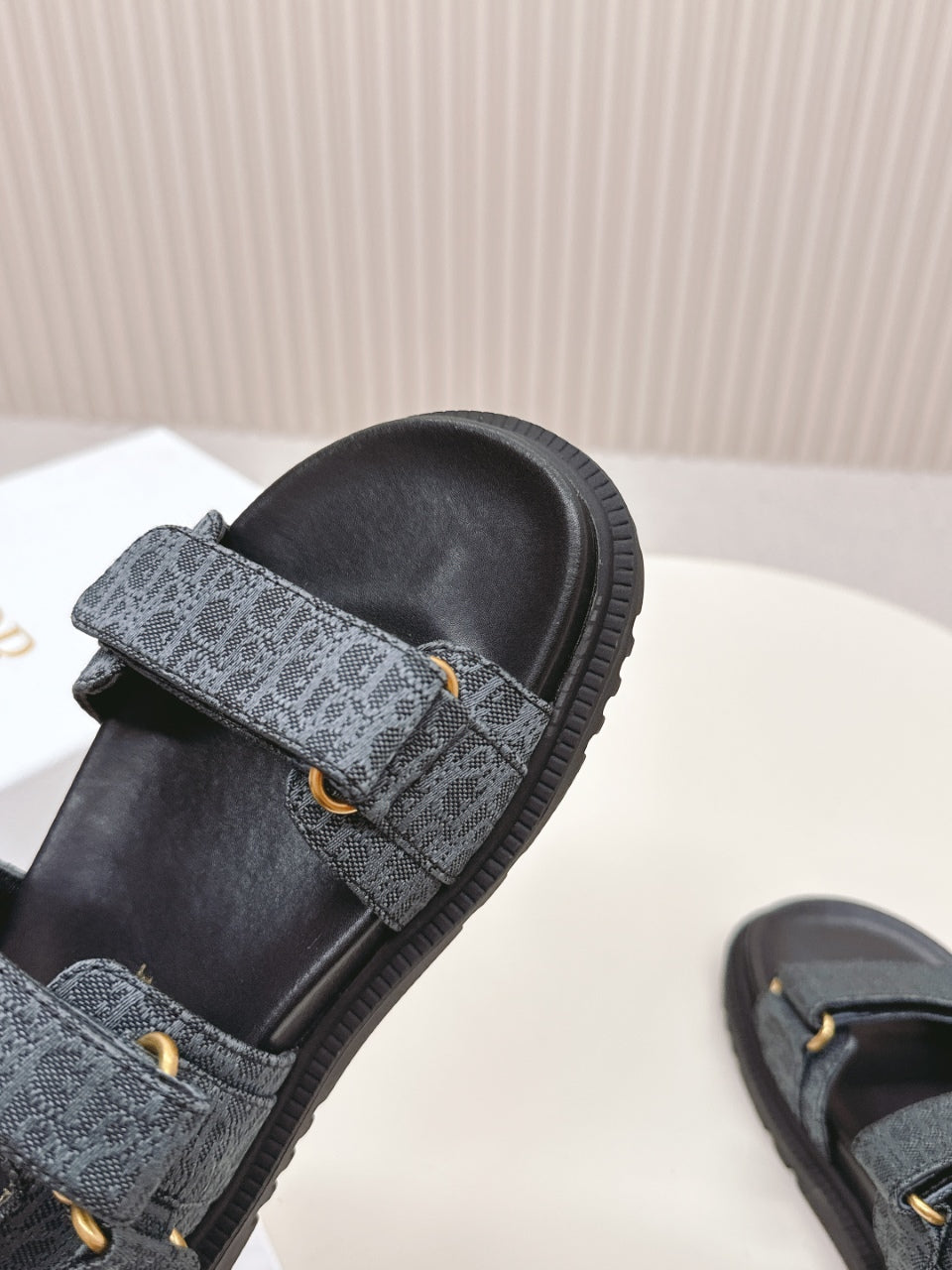 DIOR BACK-STRAP SANDALS 25S IN SLATE BLUE GRAY FABRIC AND BLACK CALFSKIN WITH GOLD HARDWARE - 35