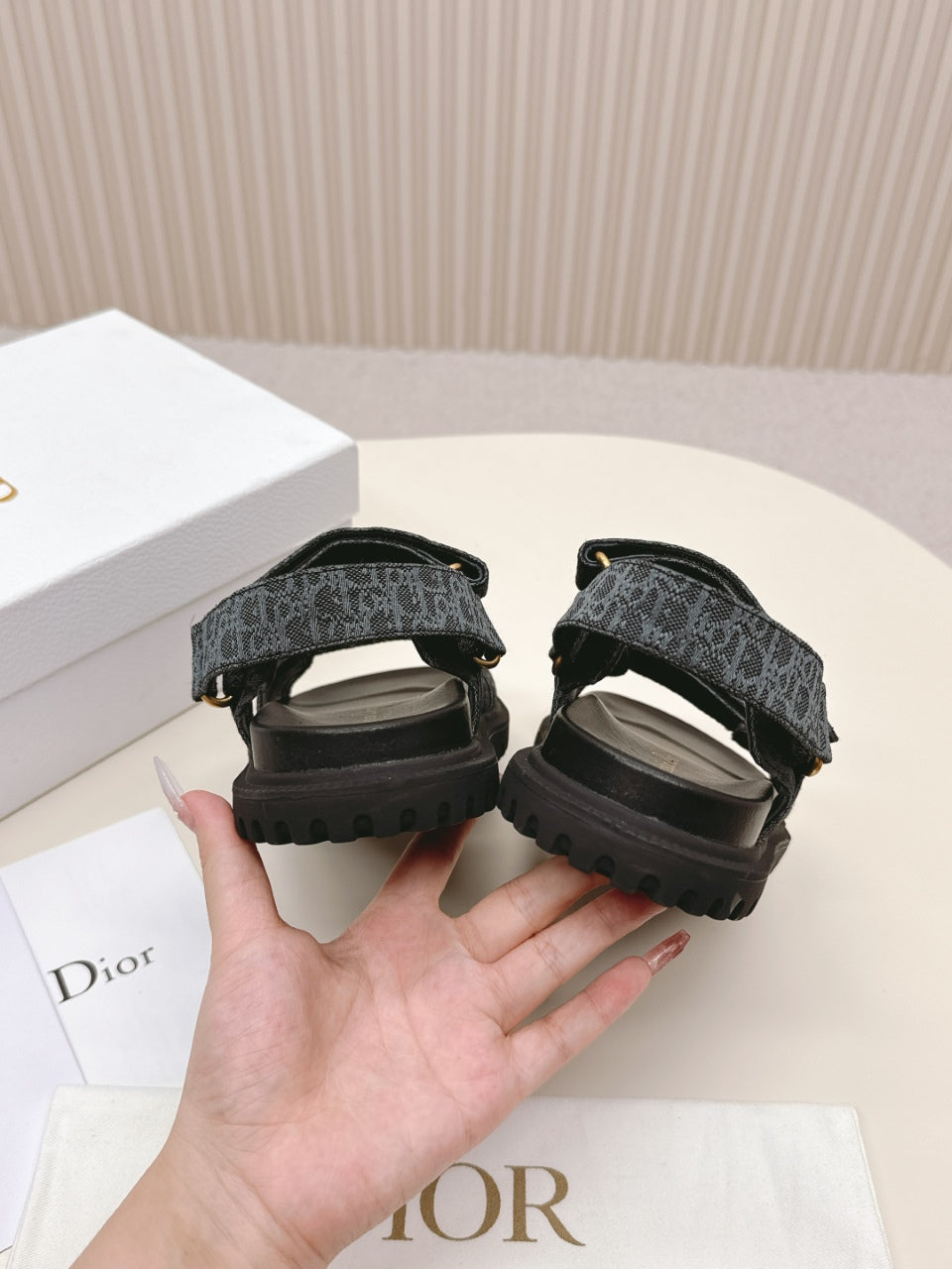 DIOR BACK-STRAP SANDALS 25S IN SLATE BLUE GRAY FABRIC AND BLACK CALFSKIN WITH GOLD HARDWARE - 35