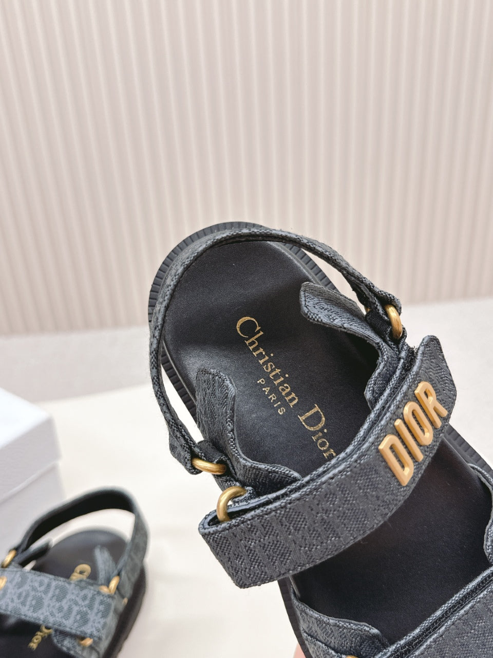 DIOR BACK-STRAP SANDALS 25S IN SLATE BLUE GRAY FABRIC AND BLACK CALFSKIN WITH GOLD HARDWARE - 35