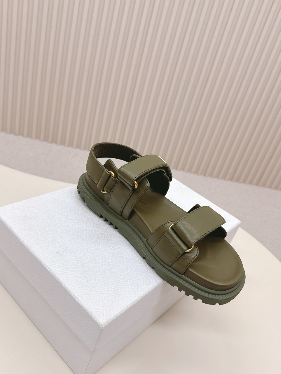 DIOR BACK-STRAP SANDALS 25S IN MOSS GREEN CALFSKIN WITH GOLD HARDWARE - 35