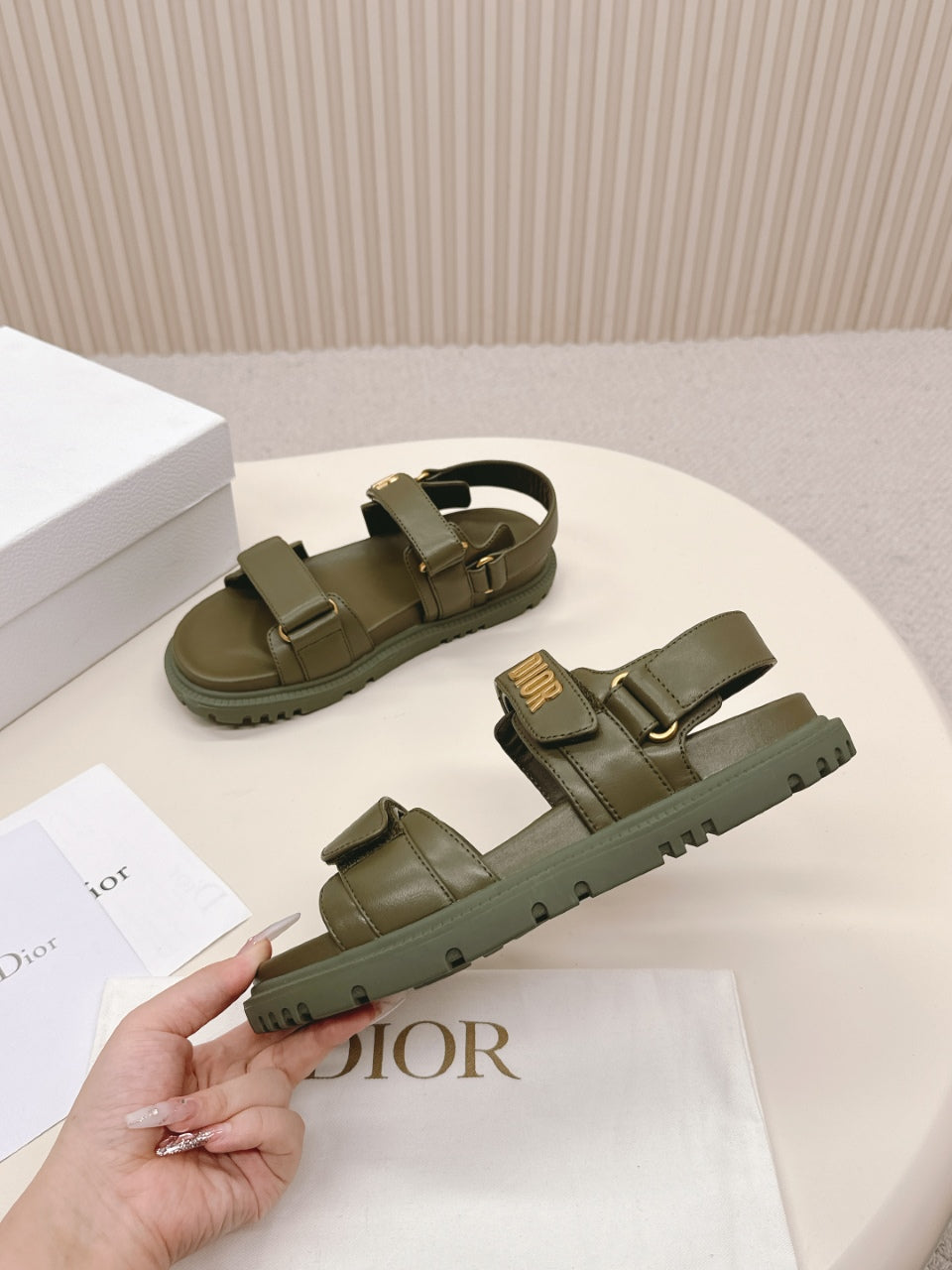 DIOR BACK-STRAP SANDALS 25S IN MOSS GREEN CALFSKIN WITH GOLD HARDWARE - 35
