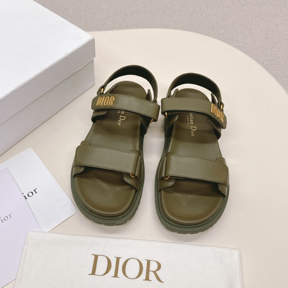 DIOR BACK-STRAP SANDALS 25S IN MOSS GREEN CALFSKIN WITH GOLD HARDWARE - 35