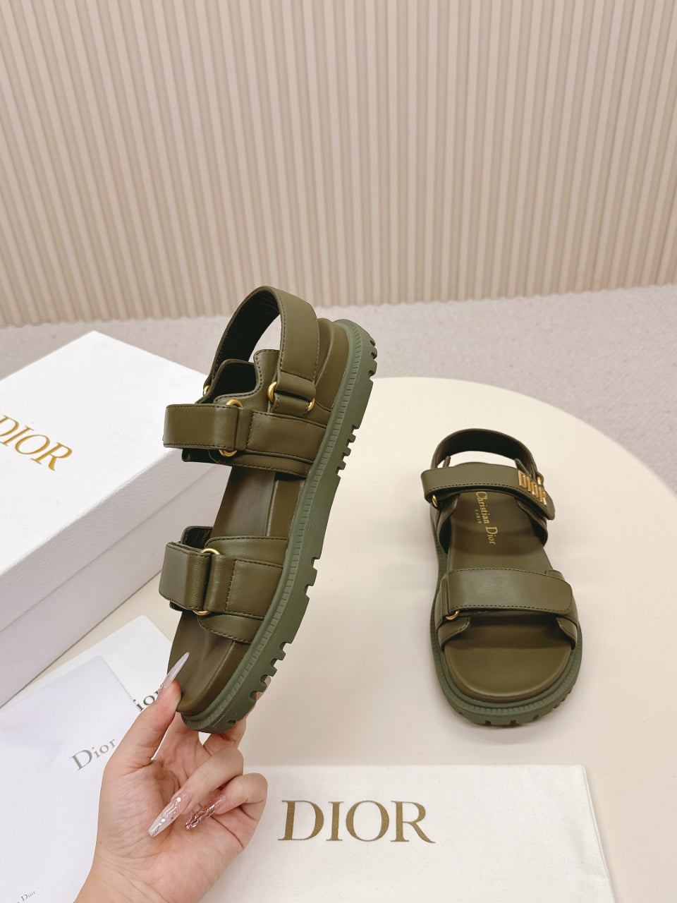 DIOR BACK-STRAP SANDALS 25S IN MOSS GREEN CALFSKIN WITH GOLD HARDWARE - 35