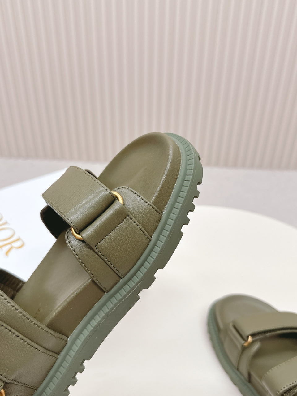 DIOR BACK-STRAP SANDALS 25S IN MOSS GREEN CALFSKIN WITH GOLD HARDWARE - 35