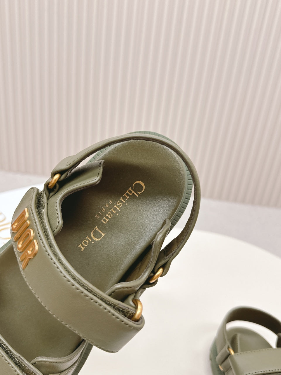 DIOR BACK-STRAP SANDALS 25S IN MOSS GREEN CALFSKIN WITH GOLD HARDWARE - 35