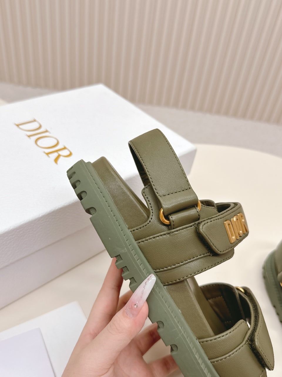 DIOR BACK-STRAP SANDALS 25S IN MOSS GREEN CALFSKIN WITH GOLD HARDWARE - 35