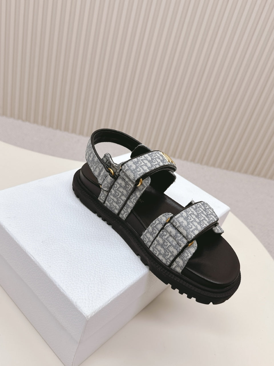 DIOR BACK-STRAP SANDALS 25S IN GREY FABRIC AND BLACK CALFSKIN WITH GOLD HARDWARE - 35