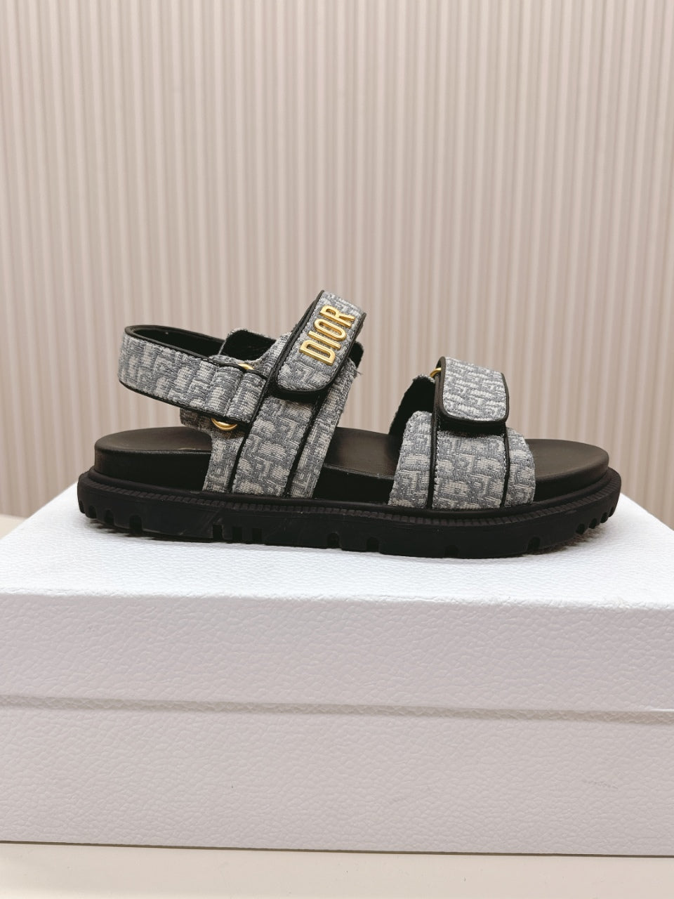 DIOR BACK-STRAP SANDALS 25S IN GREY FABRIC AND BLACK CALFSKIN WITH GOLD HARDWARE - 35