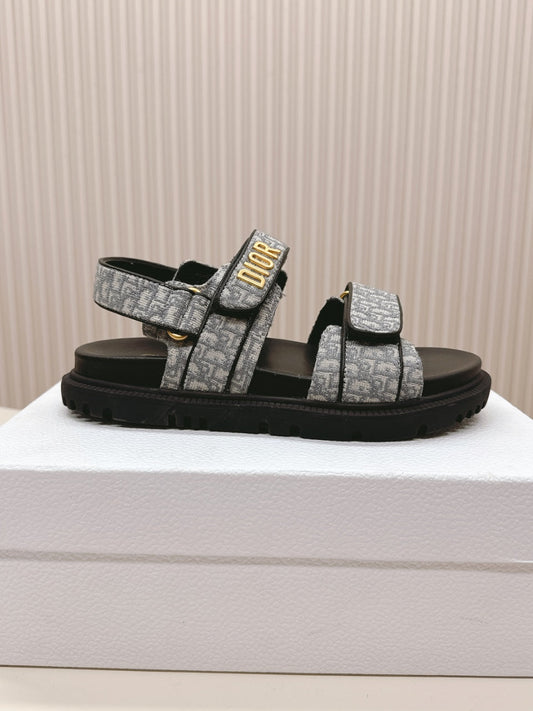 DIOR BACK-STRAP SANDALS 25S IN GREY FABRIC AND BLACK CALFSKIN WITH GOLD HARDWARE - 35