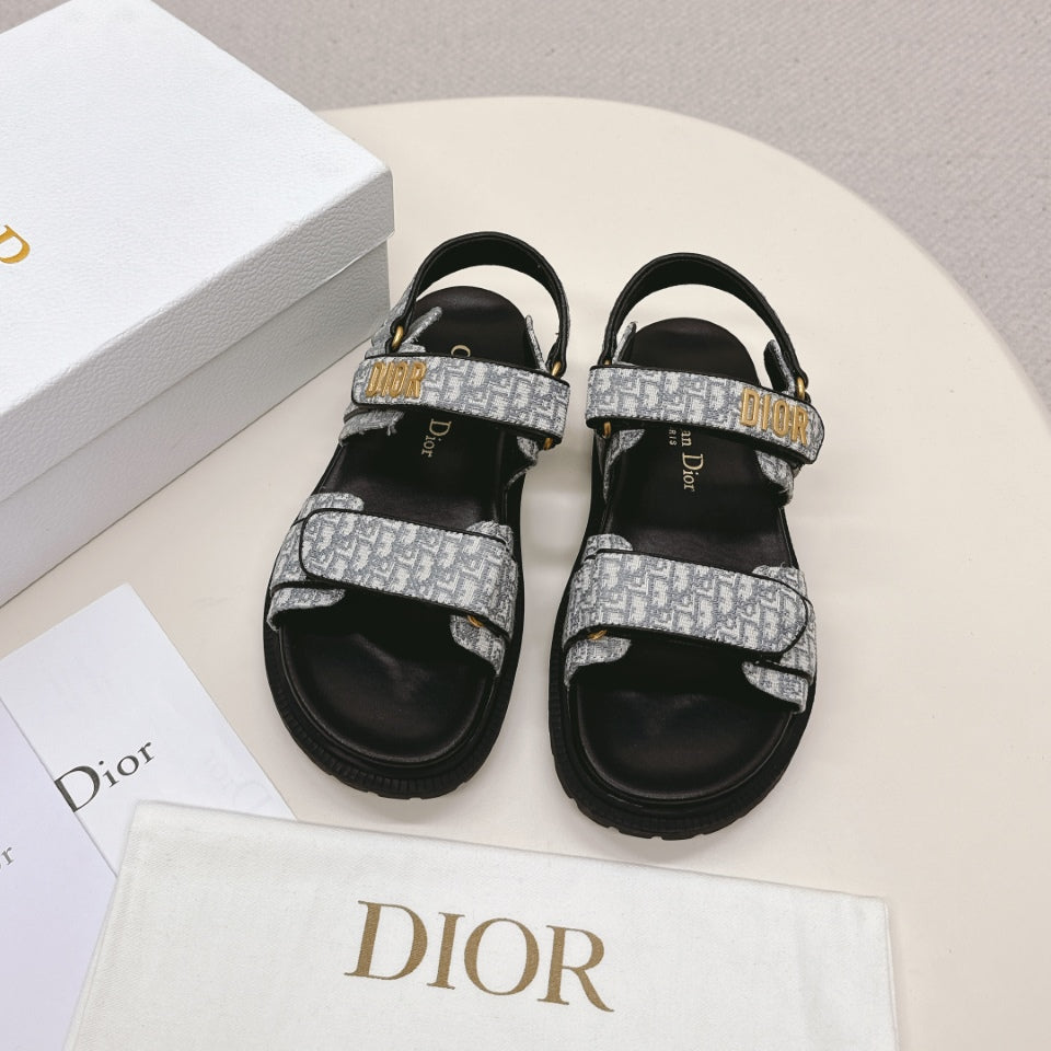 DIOR BACK-STRAP SANDALS 25S IN GREY FABRIC AND BLACK CALFSKIN WITH GOLD HARDWARE - 35