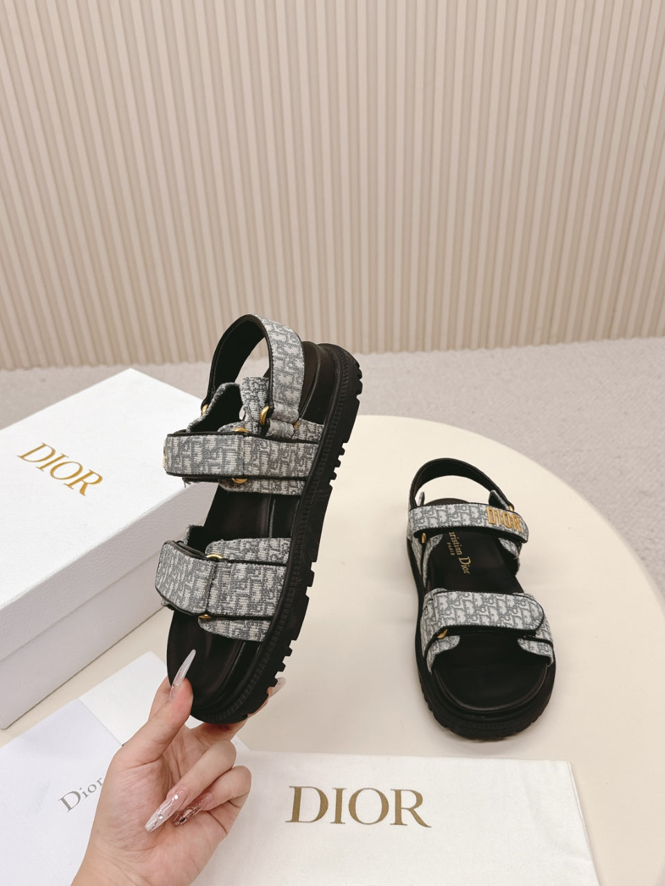 DIOR BACK-STRAP SANDALS 25S IN GREY FABRIC AND BLACK CALFSKIN WITH GOLD HARDWARE - 35