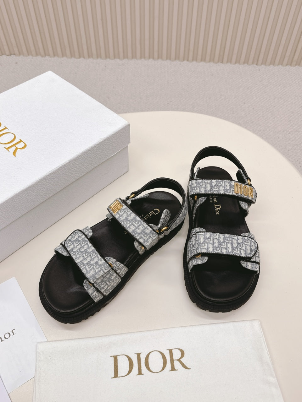 DIOR BACK-STRAP SANDALS 25S IN GREY FABRIC AND BLACK CALFSKIN WITH GOLD HARDWARE - 35