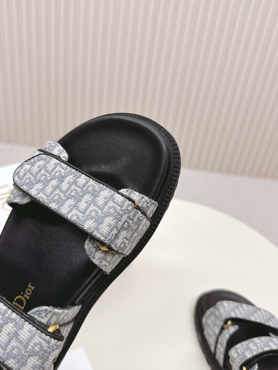 DIOR BACK-STRAP SANDALS 25S IN GREY FABRIC AND BLACK CALFSKIN WITH GOLD HARDWARE - 35