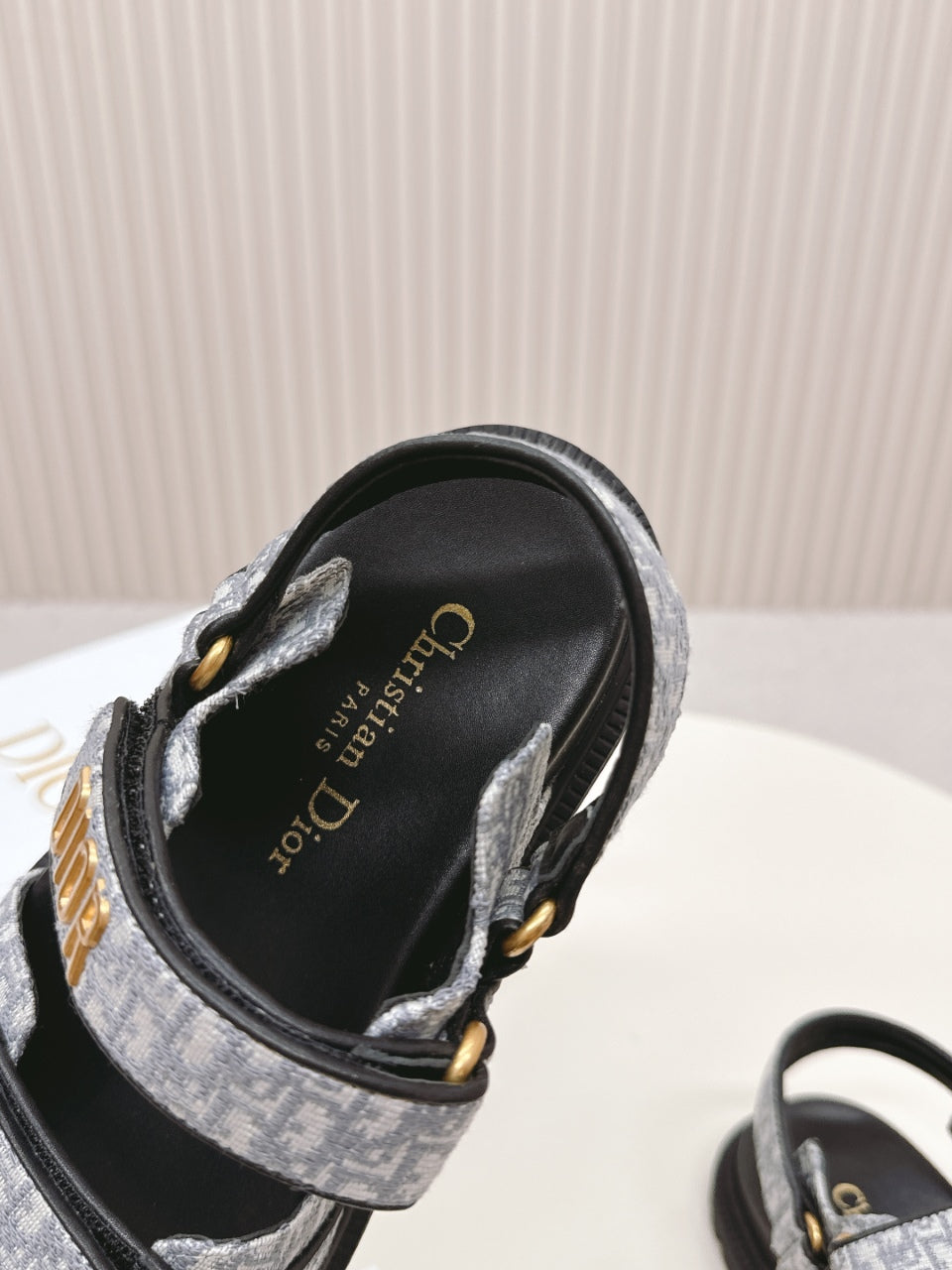 DIOR BACK-STRAP SANDALS 25S IN GREY FABRIC AND BLACK CALFSKIN WITH GOLD HARDWARE - 35