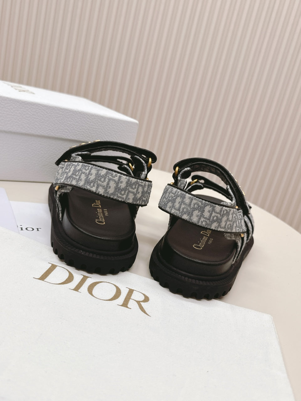 DIOR BACK-STRAP SANDALS 25S IN GREY FABRIC AND BLACK CALFSKIN WITH GOLD HARDWARE - 35