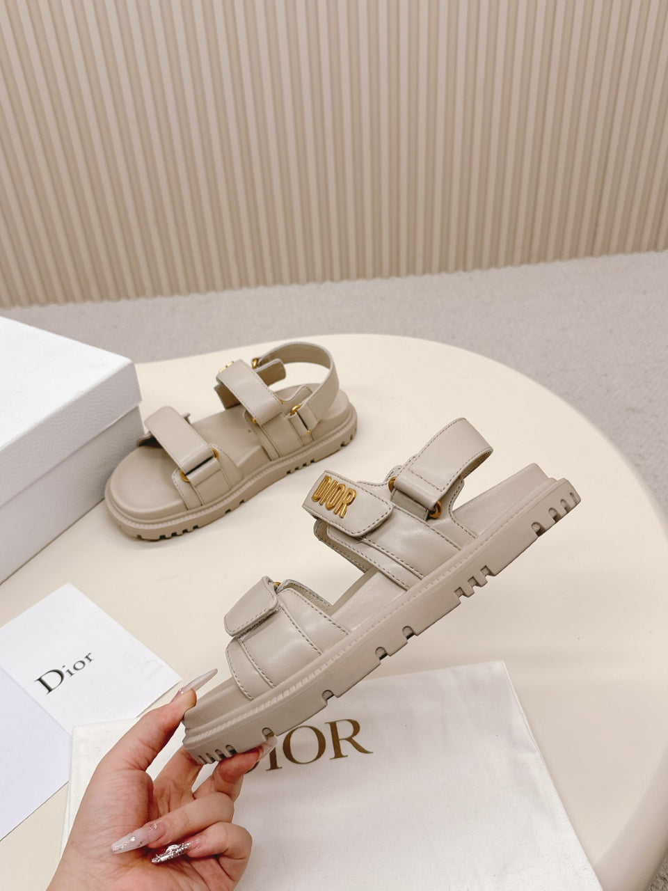 DIOR BACK-STRAP SANDALS 25S IN LIGHT BEIGE CALFSKIN WITH GOLD HARDWARE - 35