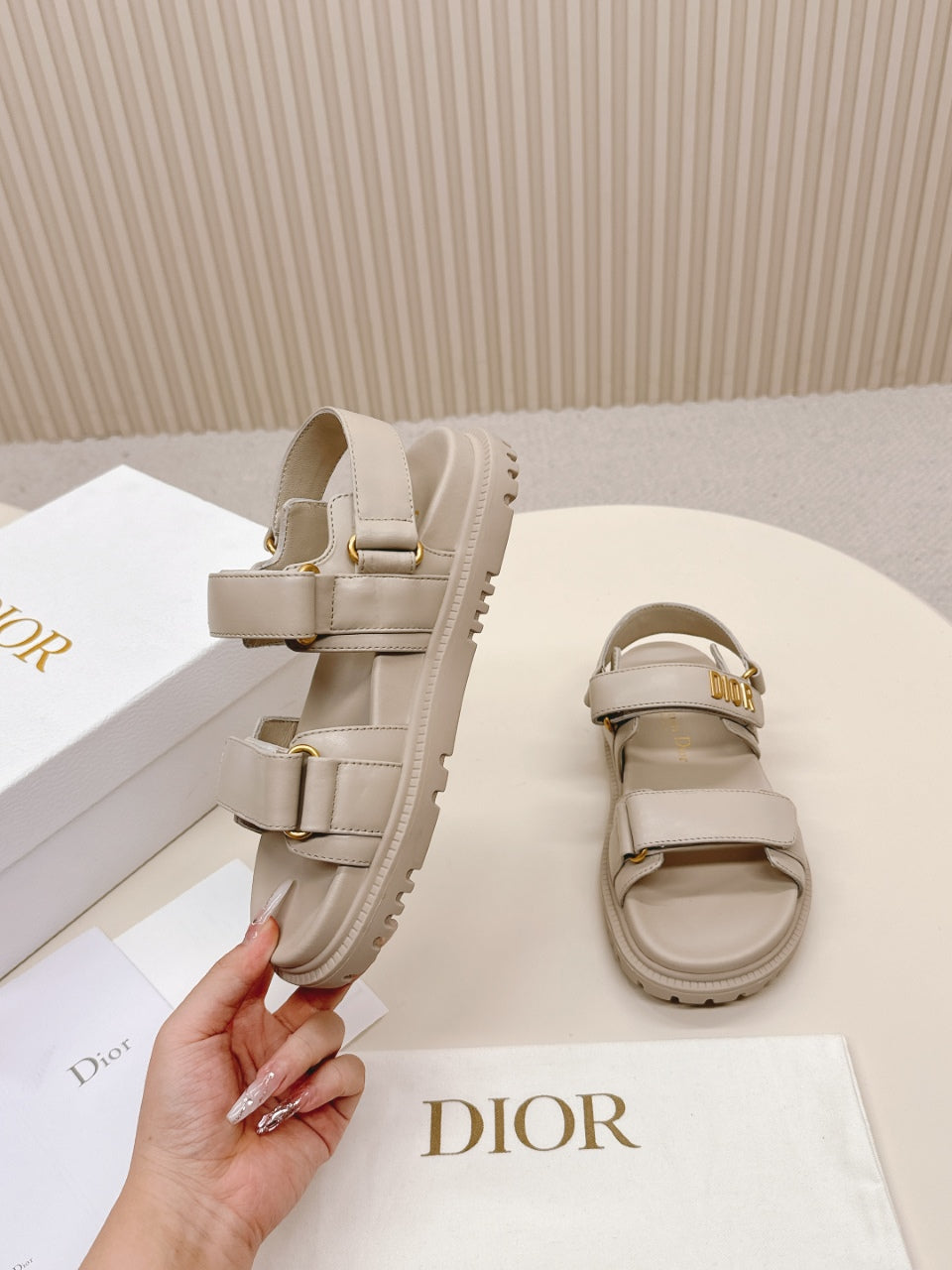 DIOR BACK-STRAP SANDALS 25S IN LIGHT BEIGE CALFSKIN WITH GOLD HARDWARE - 35