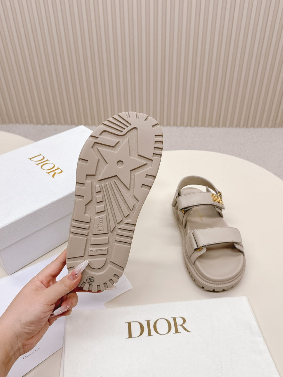DIOR BACK-STRAP SANDALS 25S IN LIGHT BEIGE CALFSKIN WITH GOLD HARDWARE - 35