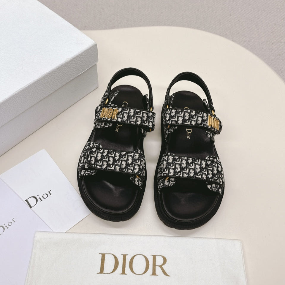 DIOR BACK-STRAP SANDALS 25S IN BLACK FABRIC AND CALFSKIN WITH GOLD HARDWARE - 35