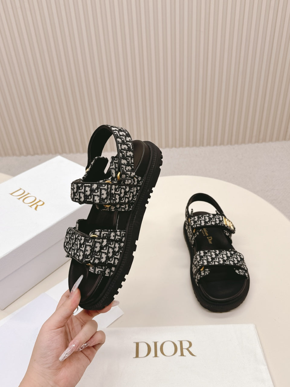 DIOR BACK-STRAP SANDALS 25S IN BLACK FABRIC AND CALFSKIN WITH GOLD HARDWARE - 35