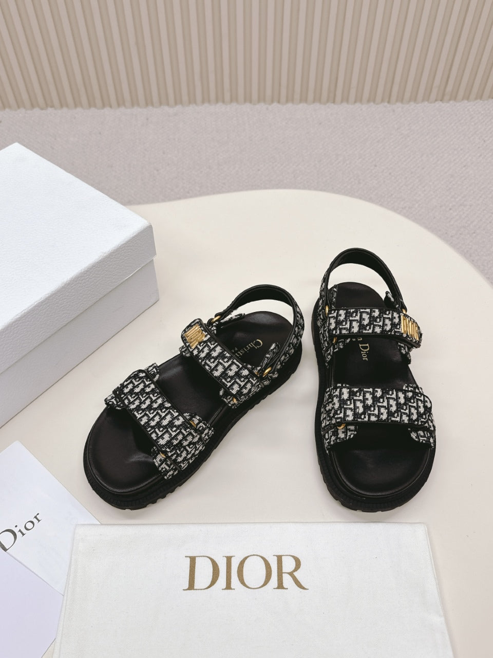 DIOR BACK-STRAP SANDALS 25S IN BLACK FABRIC AND CALFSKIN WITH GOLD HARDWARE - 35