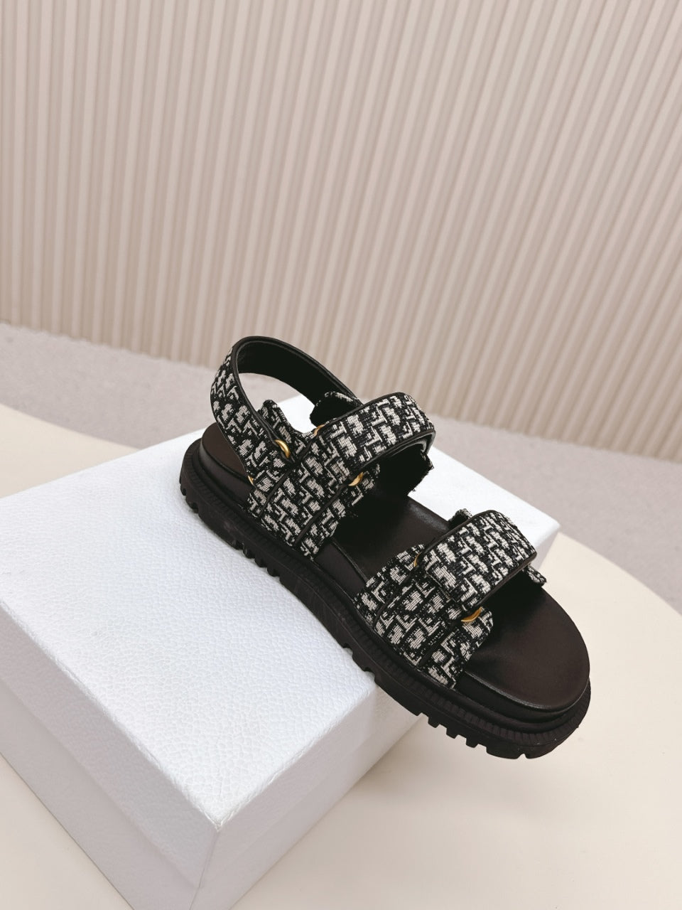 DIOR BACK-STRAP SANDALS 25S IN BLACK FABRIC AND CALFSKIN WITH GOLD HARDWARE - 35