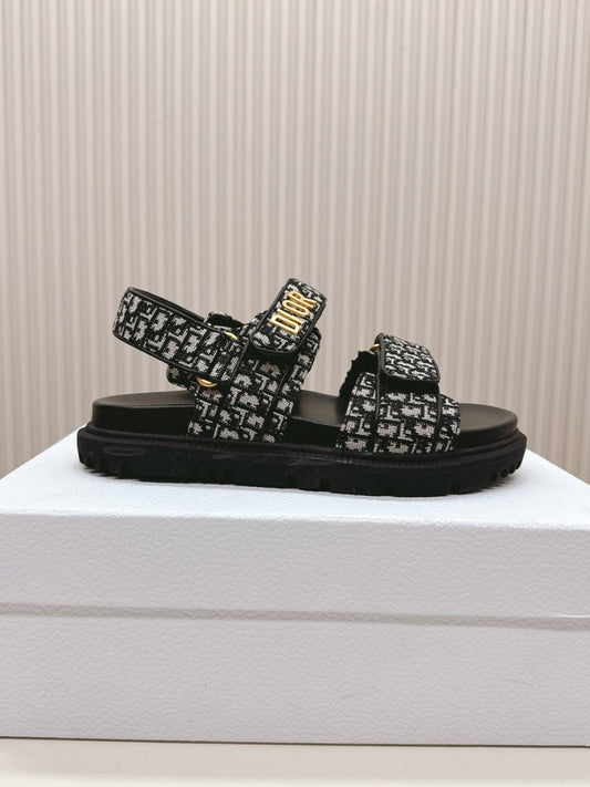 DIOR BACK-STRAP SANDALS 25S IN BLACK FABRIC AND CALFSKIN WITH GOLD HARDWARE - 35