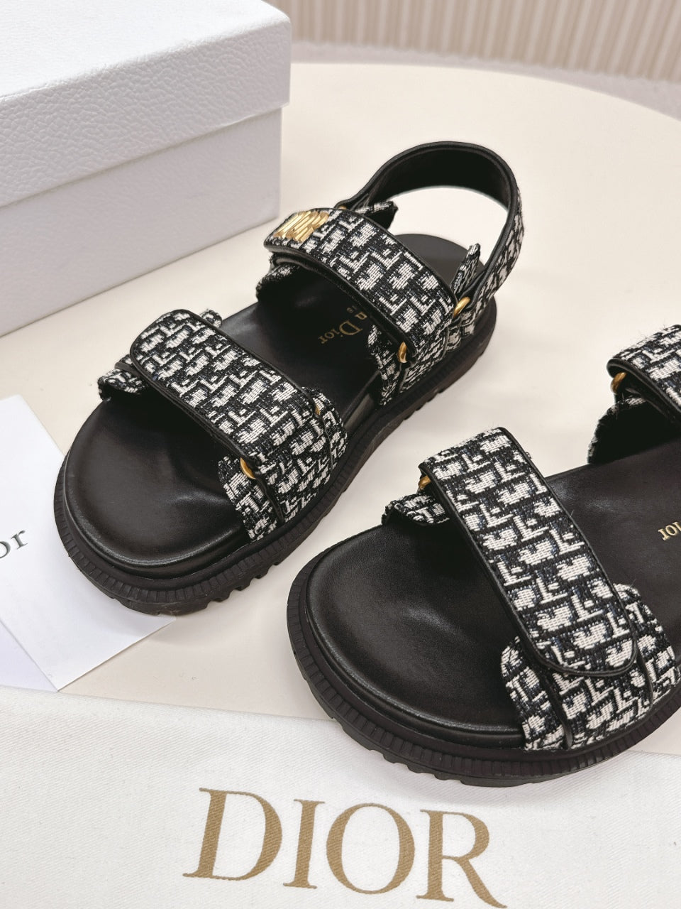 DIOR BACK-STRAP SANDALS 25S IN BLACK FABRIC AND CALFSKIN WITH GOLD HARDWARE - 35