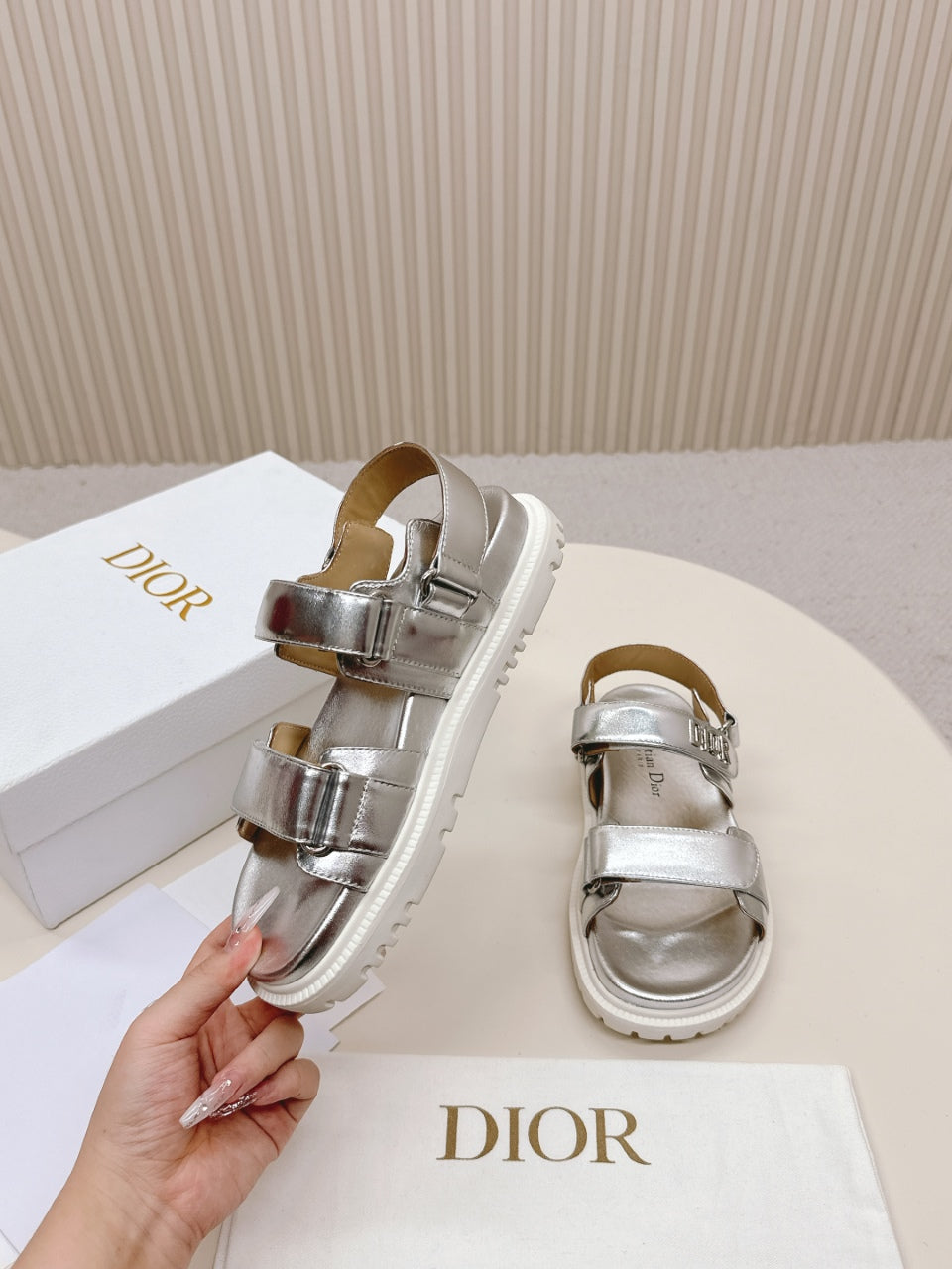 DIOR BACK-STRAP SANDALS 25S IN SILVER CALFSKIN WITH SILVER HARDWARE - 35