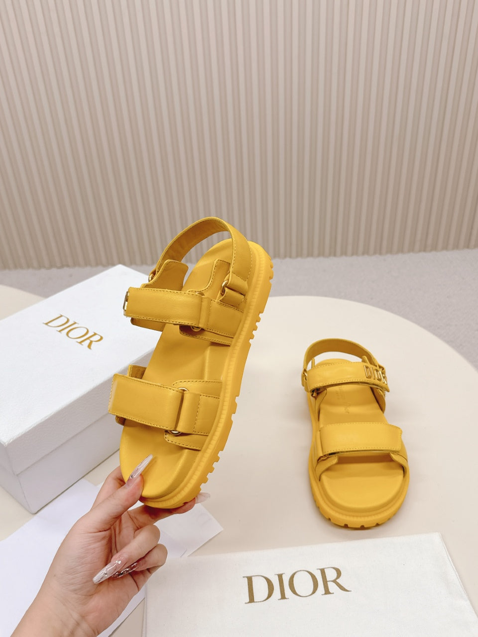 DIOR BACK-STRAP SANDALS 25S IN YELLOW CALFSKIN WITH GOLD HARDWARE - 35