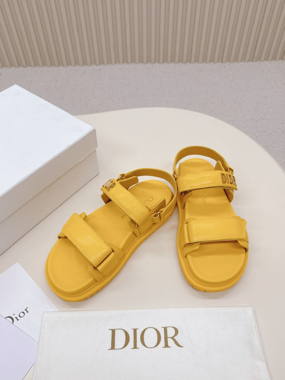 DIOR BACK-STRAP SANDALS 25S IN YELLOW CALFSKIN WITH GOLD HARDWARE - 35